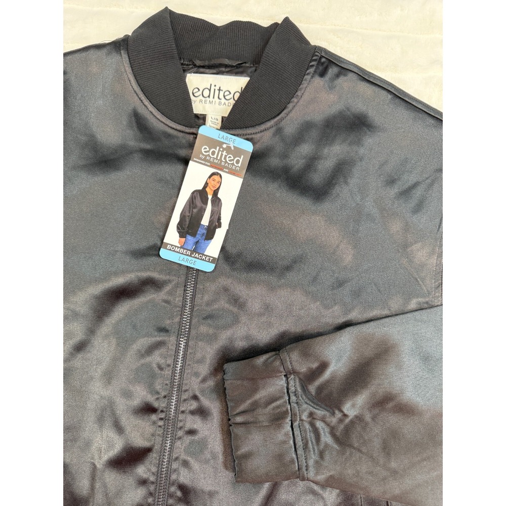Edited Bomber Jacket Womens Large Black Full Zip Satin Comfort Drop Shoulder New